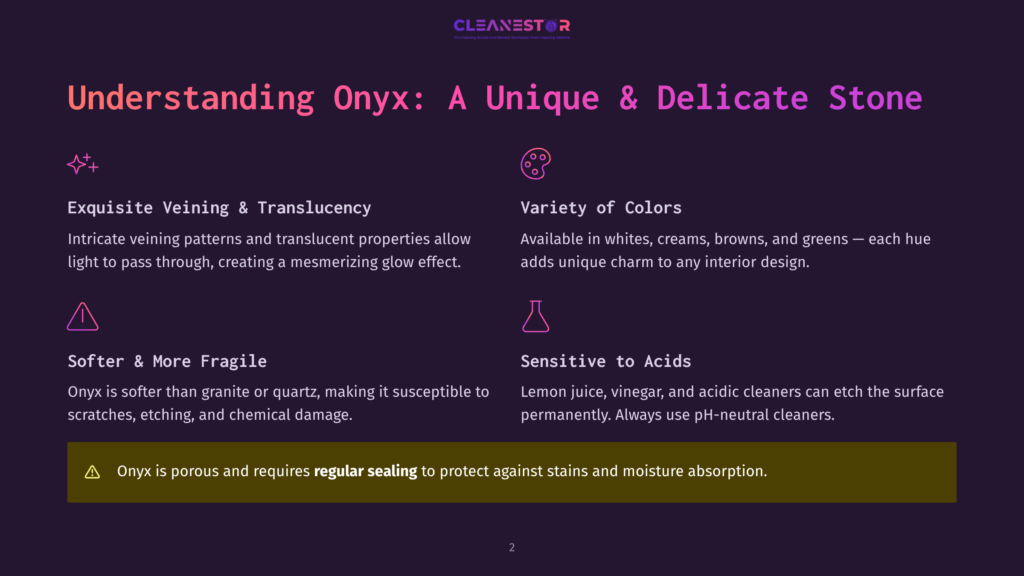 Understanding Onyx: A Unique &Amp; Delicate Stone. Features Include Exquisite Veining &Amp; Translucency, Variety Of Colors, Softer Than Granite, And Sensitive To Acids. Onyx Is Porous And Requires Regular Sealing.