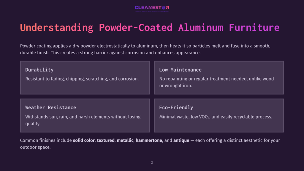 2 Understanding Powder Coated Aluminum Furniture Infographic Detailing The Benefits Of Powder-Coated Aluminum Furniture: Durability, Low Maintenance, Weather Resistance, And Eco-Friendly. Text Highlights Resistance To Fading, Chipping, And Corrosion.