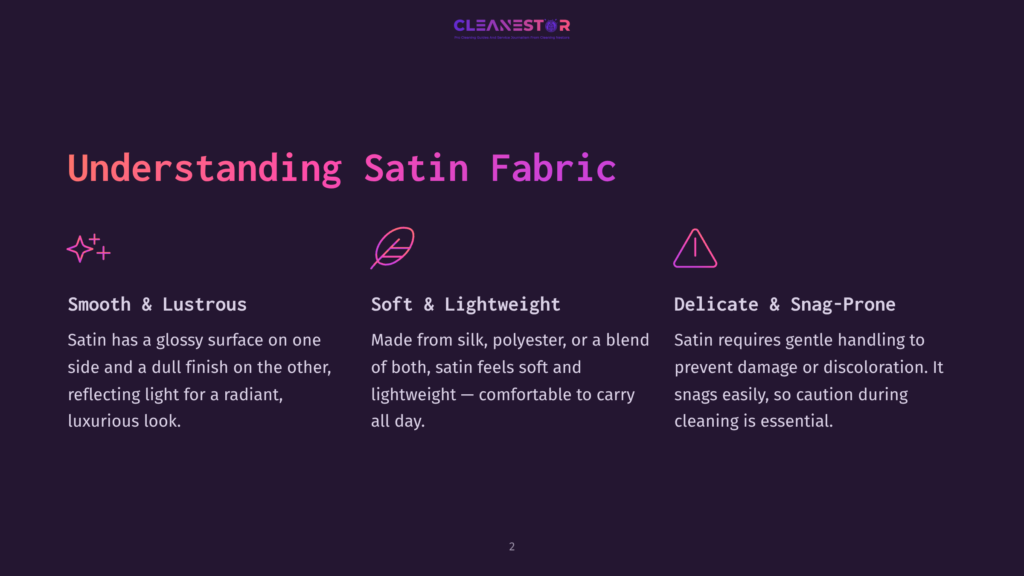 Presentation Slide Titled &Quot;Understanding Satin Fabric&Quot; With Three Sections: &Quot;Smooth &Amp; Lustrous,&Quot; &Quot;Soft &Amp; Lightweight,&Quot; And &Quot;Delicate &Amp; Snag-Prone,&Quot; Detailing Satin Fabric Properties.
