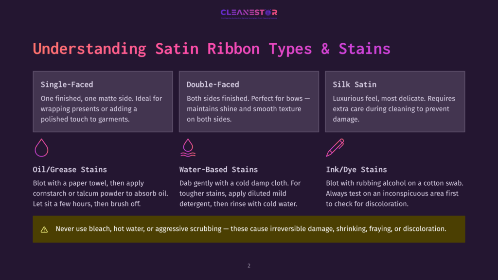Infographic Comparing Three Types Of Satin Ribbon: Single-Faced, Double-Faced, And Silk. It Details Their Characteristics And Common Stain Removal Methods For Oil/Grease, Water-Based, And Ink/Dye Stains.