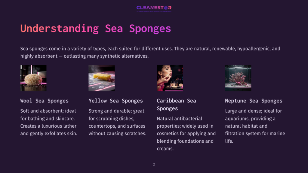 2 Understanding Sea Sponges Four Types Of Sea Sponges: Wool, Yellow, Caribbean, And Neptune, With Descriptions Of Their Uses.