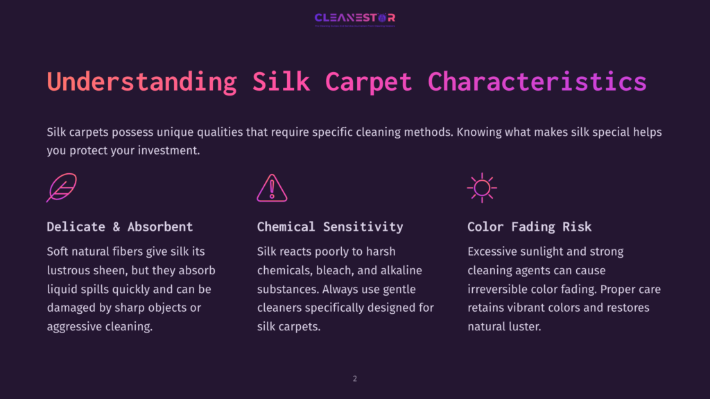 Infographic Detailing Silk Carpet Characteristics: Delicate And Absorbent Fibers, Chemical Sensitivity, And Color Fading Risk Due To Sunlight. Text Includes &Quot;Understanding Silk Carpet Characteristics&Quot;.