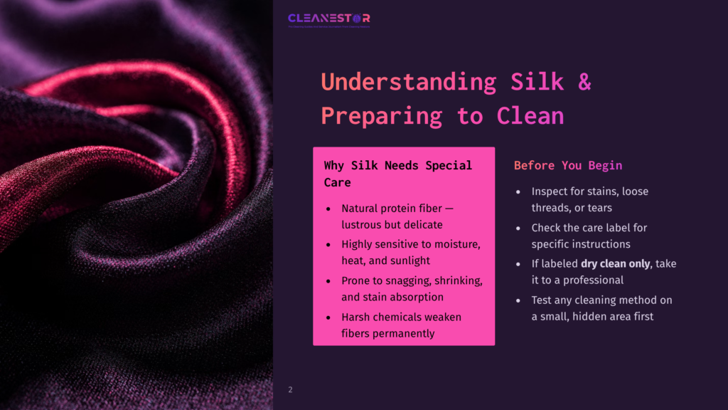 Close-Up Of Rich, Dark Purple And Fuchsia Silk Fabric, Folded And Creased, With A Glossy Sheen. The Text &Quot;Cleanestor&Quot; Is Visible In The Upper Right Corner.