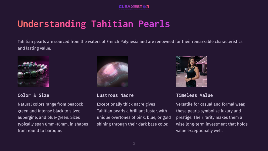 Three Images Showcasing Tahitian Pearls: A Strand Of Dark, Lustrous Pearls; A Single, Large Pearl With Iridescent Pink And Blue Hues; And A Woman In A Black Dress Admiring A Pearl Necklace. Text Reads &Quot;Understanding Tahitian Pearls.