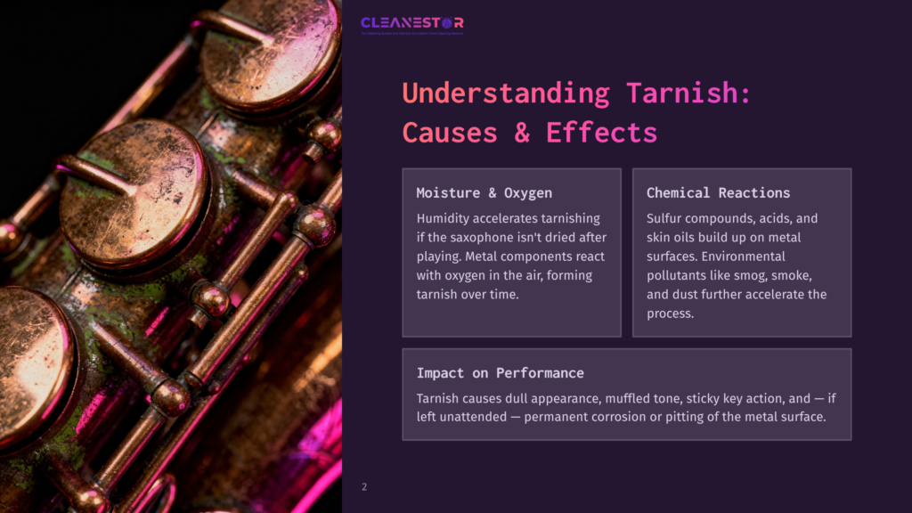 2 Understanding Tarnish Causes And Effects Close-Up Of Tarnished Brass Saxophone Keys And Tubing, Showing Signs Of Age And Patina. Text Overlay Reads &Quot;Cleanestor&Quot; And &Quot;Understanding Tarnish: Causes &Amp; Effects&Quot;.