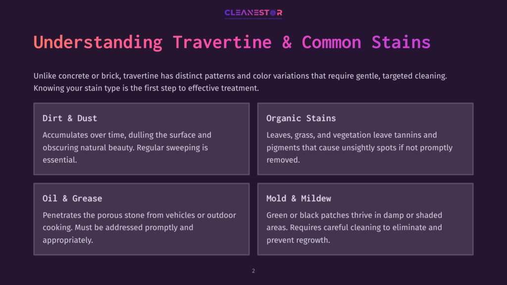 Understanding Travertine &Amp; Common Stains: Dirt &Amp; Dust, Organic Stains, Oil &Amp; Grease, Mold &Amp; Mildew. Infographic Detailing Common Travertine Cleaning Challenges.