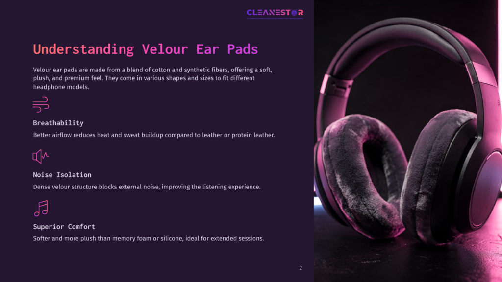 Close-Up Of Plush, Dark Grey Velour Ear Pads On A Black Headphone, Illuminated By Vibrant Pink And Purple Lighting, Highlighting The Soft Texture.