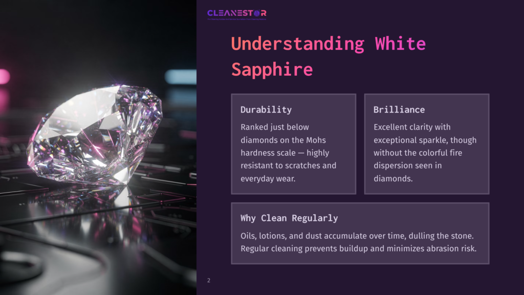 A White Sapphire Gemstone Sits Prominently On A Dark Background, Highlighting Its Durability And Brilliance With Exceptional Clarity And Sparkle. Surrounding Text Discusses Its Mohs Hardness Scale Ranking And Why It Should Be Cleaned Regularly.