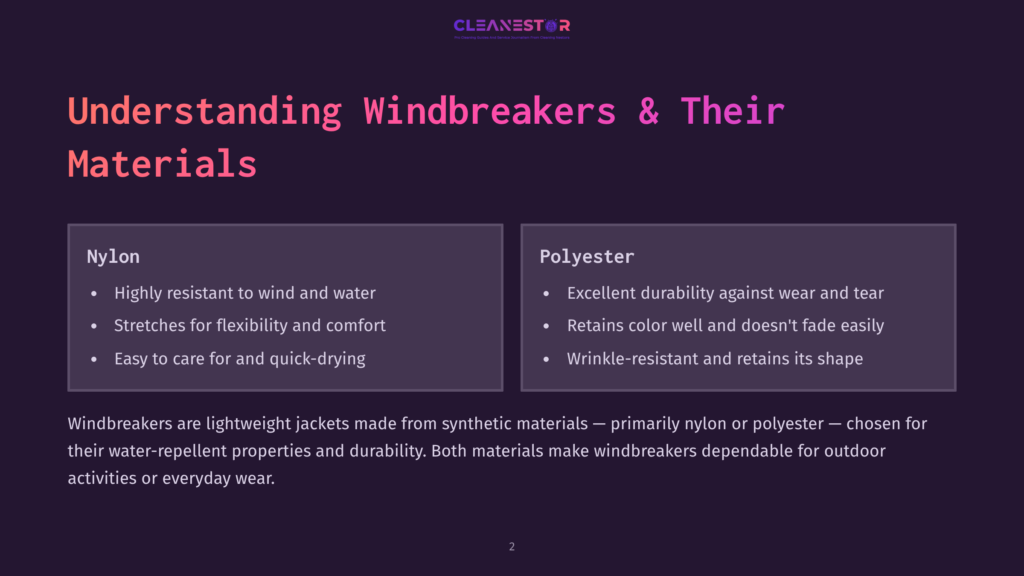 Presentation Slide Titled &Quot;Understanding Windbreakers &Amp; Their Materials,&Quot; Comparing Nylon And Polyester Properties For Outdoor Wear.