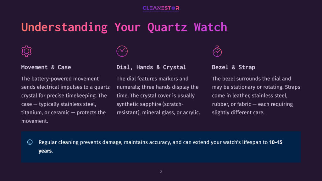 2 Understanding Your Quartz Watch Infographic With Three Sections Detailing A Quartz Watch'S Components: Movement &Amp; Case, Dial, Hands &Amp; Crystal, And Bezel &Amp; Strap. Icons Represent Each Part, With Text Describing Their Functions And Materials.