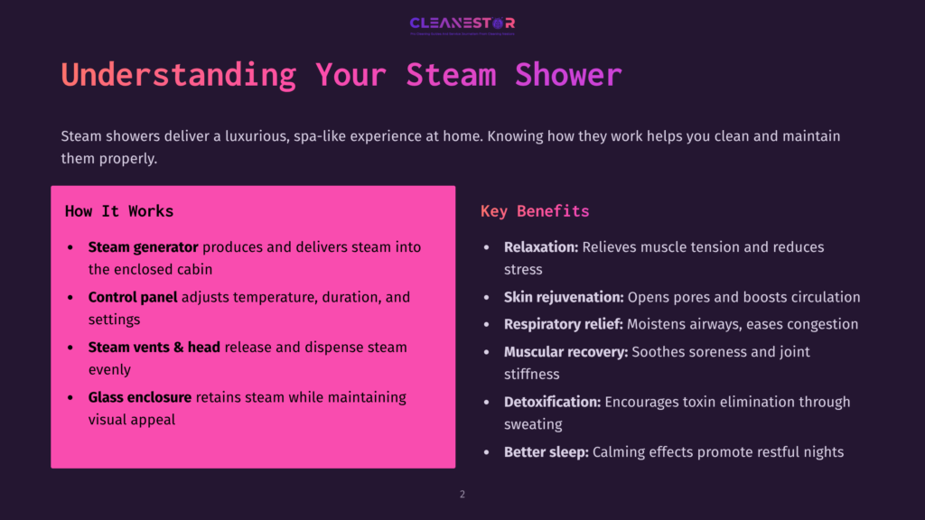 2 Understanding Your Steam Shower Cleanestor Steam Shower Guide: Understanding Your Steam Shower. Explains How Steam Generators Produce Steam, Control Panels Adjust Settings, Steam Vents Release Steam, And Glass Enclosures Retain Steam, With Key Benefits Like Relaxation, Skin Rejuvenation, Respiratory Relief, And Better Sleep.