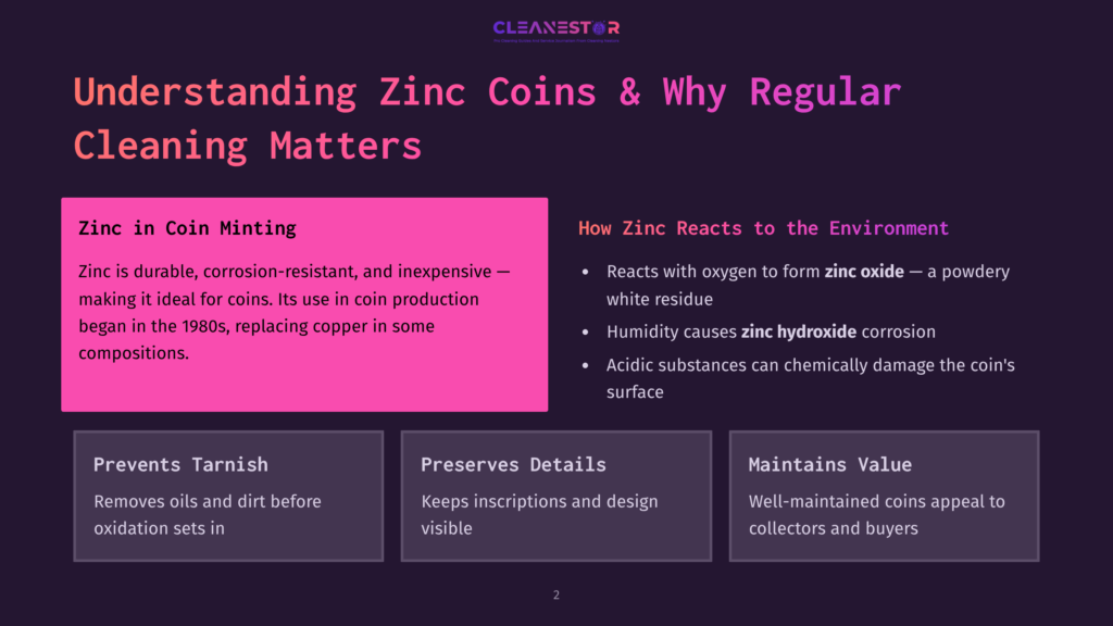 A Presentation Slide Titled &Quot;Understanding Zinc Coins &Amp; Why Regular Cleaning Matters&Quot; With Text Detailing Zinc'S Properties, Reactions To The Environment, And Benefits Of Cleaning.