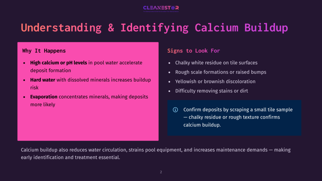 2 Understanding And Identifying Calcium Buildup Presentation Slide Titled &Quot;Understanding &Amp; Identifying Calcium Buildup&Quot; Detailing Causes Like High Calcium/Ph Levels And Evaporation, And Signs Like Chalky White Residue And Difficulty Removing Stains.