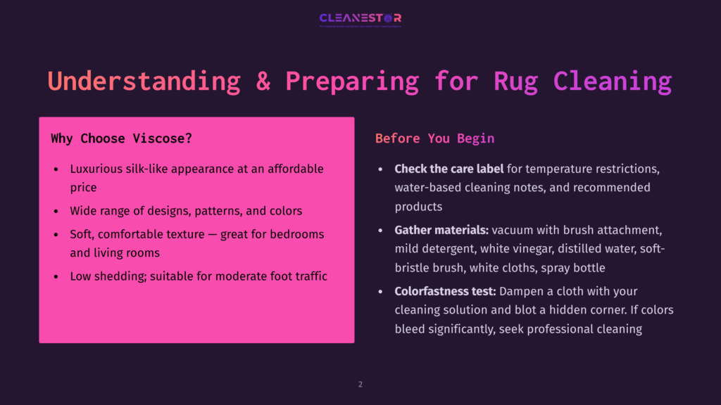 Presentation Slide Titled &Quot;Understanding &Amp; Preparing For Rug Cleaning&Quot; With Sections On &Quot;Why Choose Viscose?&Quot; And &Quot;Before You Begin,&Quot; Featuring Bullet Points With Cleaning Advice.