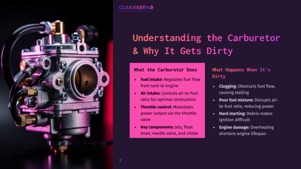 2 Understanding The Carburetor And Why It Gets Dirty Close-Up Of A Shiny Metal Carburetor With Intricate Details, Including Fuel Lines And Adjustment Screws, Set Against A Blurred Dark Background. Text Reads &Quot;Cleanestor&Quot; And &Quot;Understanding The Carburetor &Amp; Why It Gets Dirty.
