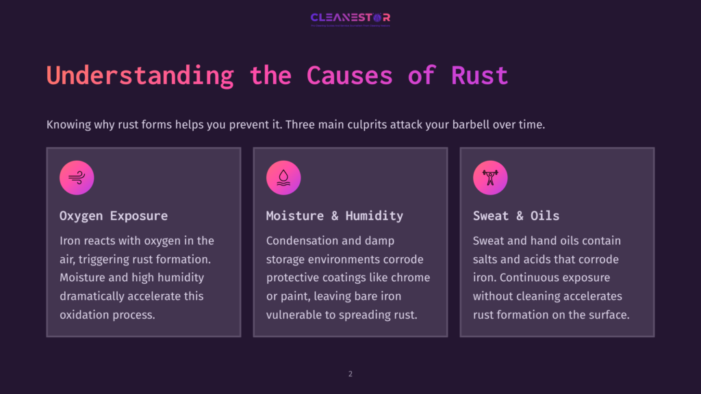 Cleanestor Graphic Explaining The Causes Of Rust On Barbells: Oxygen Exposure, Moisture &Amp; Humidity, And Sweat &Amp; Oils. &Quot;Understanding The Causes Of Rust&Quot; Is The Main Heading.