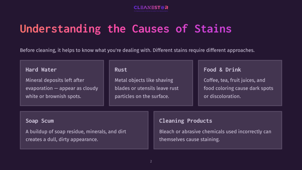 Infographic Titled &Quot;Understanding The Causes Of Stains&Quot; Detailing Hard Water, Rust, Food &Amp; Drink, Soap Scum, And Cleaning Products As Common Stain Culprits.