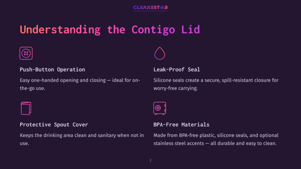 Cleanestor Contigo Lid Features: Push-Button Operation, Leak-Proof Seal, Protective Spout Cover, And Bpa-Free Materials.