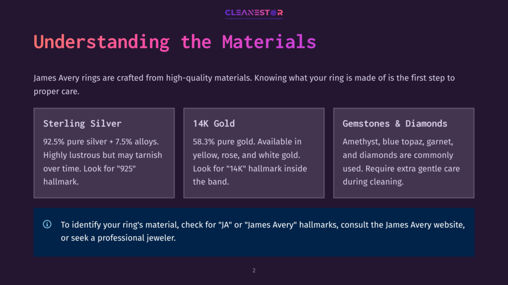 Three Columns Detail James Avery Ring Materials: Sterling Silver (92.5% Pure Silver + 7.5% Alloys), 14K Gold (58.3% Pure Gold), And Gemstones &Amp; Diamonds (Amethyst, Blue Topaz, Garnet). Text Also Advises Checking For &Quot;Ia&Quot; Or &Quot;James Avery&Quot; Hallmarks.