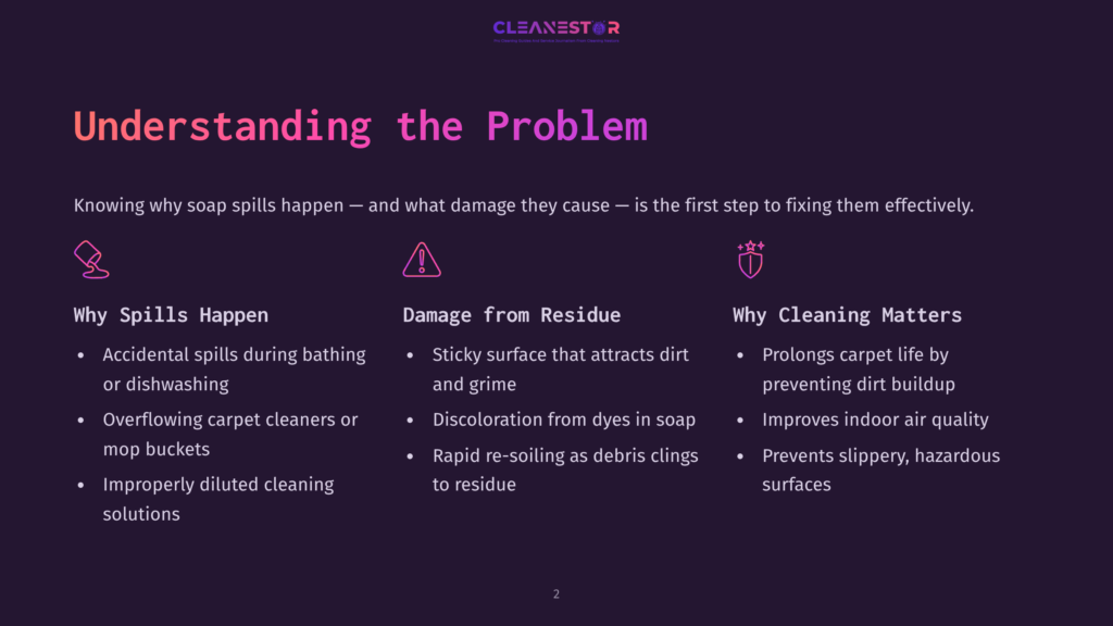 2 Understanding The Problem Infographic On Understanding The Problem Of Soap Spills, Highlighting Why Spills Happen, Damage From Residue, And Why Cleaning Matters. Sections Include Accidental Spills During Bathing Or Dishwashing, Sticky Surface Attracting Dirt And Grime, Discoloration From Soap Dyes, And Rapid Re-Soiling. Benefits Of Cleaning Include Prolonging Carpet Life, Preventing Dirt Buildup, Improving Indoor Air Quality, And Preventing Slippery Surfaces.