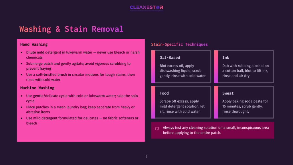 2 Washing And Stain Removal A Dark Background With The Title &Quot;Washing &Amp; Stain Removal&Quot; And Sections For &Quot;Hand Washing,&Quot; &Quot;Machine Washing,&Quot; And &Quot;Stain-Specific Techniques&Quot; Including &Quot;Oil-Based,&Quot; &Quot;Food,&Quot; And &Quot;Ink&Quot; With Bullet Points Of Instructions.