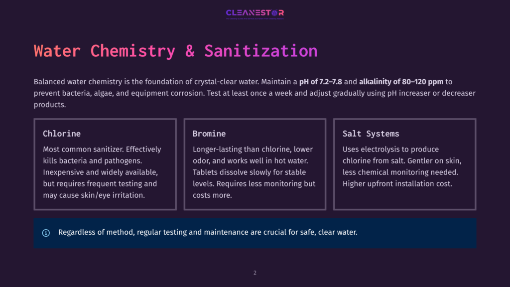 A Dark Background With The Text &Quot;Cleanestor&Quot; At The Top. Below Is The Title &Quot;Water Chemistry &Amp; Sanitization&Quot; With Three Columns Describing Chlorine, Bromine, And Salt Systems. The Text Emphasizes Maintaining Water Chemistry For Clear Water And Preventing Corrosion.