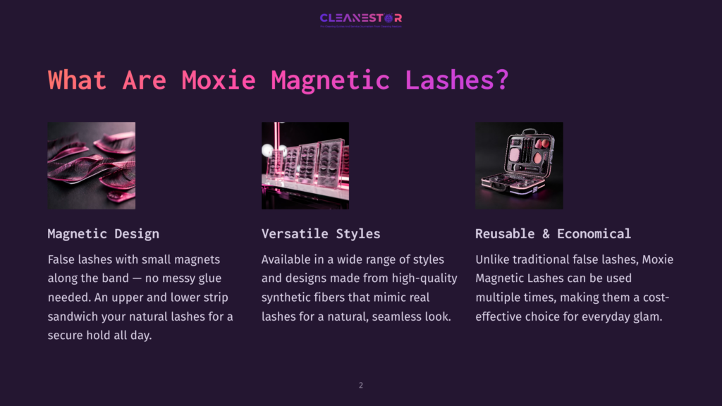 Three Panels Showcase Moxie Magnetic Lashes: A Close-Up Of Magnetic Lash Strips, A Display Of Various Lash Styles, And An Open Lash Case With Tools. The Text &Quot;What Are Moxie Magnetic Lashes?&Quot; Is Prominent.