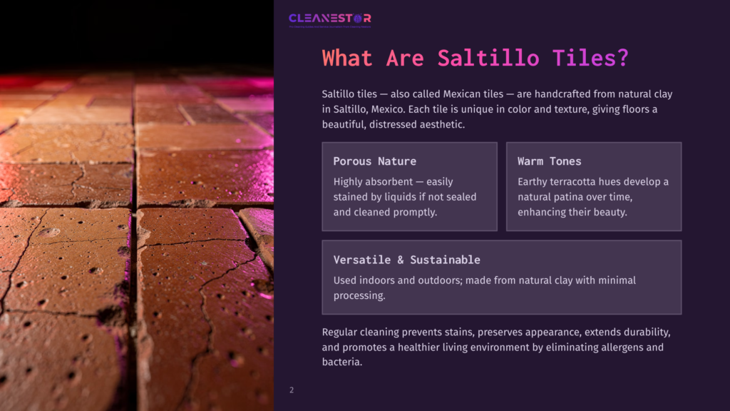 2 What Are Saltillo Tiles Close-Up Of Rustic, Handmade Saltillo Tiles With A Warm, Earthy Terracotta Hue And A Distressed Aesthetic. The Tiles Show Variations In Color And Texture, Highlighting Their Porous Nature.