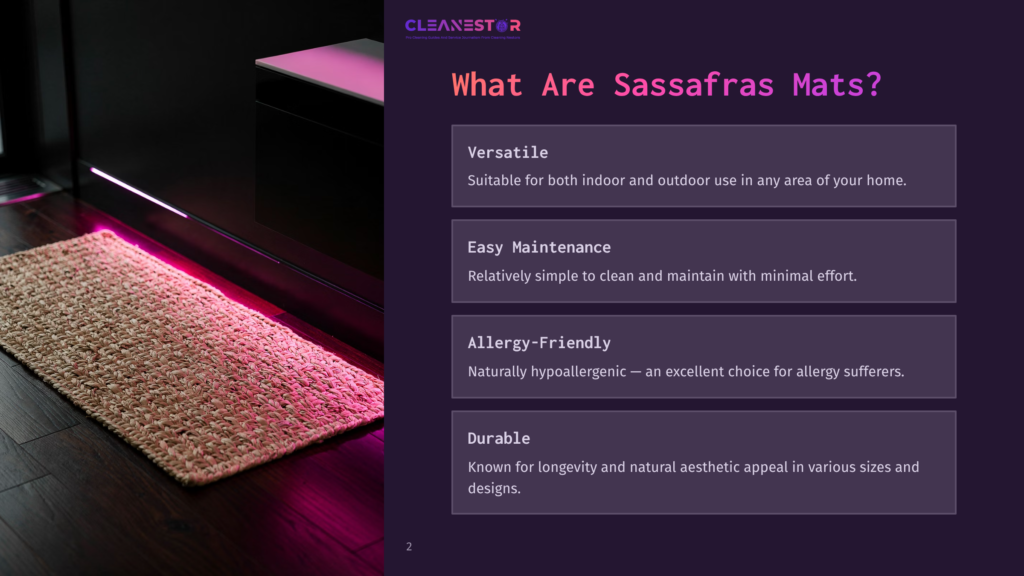 Cleanestor Sassafras Mats: Versatile, Easy-Maintenance, Allergy-Friendly, And Durable Natural Fiber Mats Displayed With Ambient Pink Lighting.