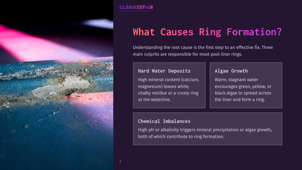 Close-Up Of A Blue Pool Liner With White Mineral Deposits And Chalky Residue Forming A Ring At The Waterline. The Image Highlights The Causes Of Pool Ring Formation, Including Hard Water Deposits And Algae Growth.