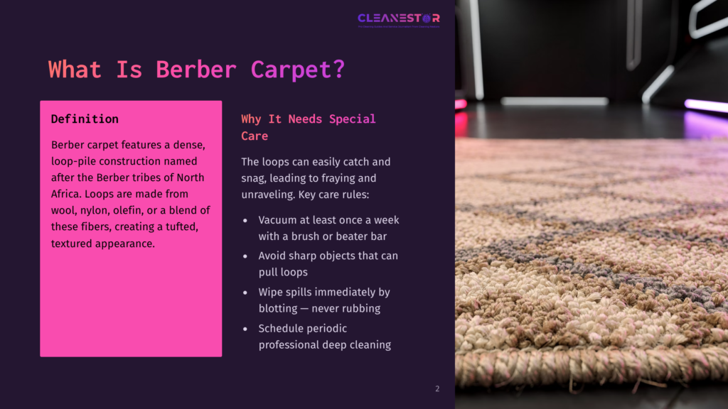 Close-Up Of A Textured Berber Carpet With A Loop-Pile Construction, Featuring A Dense, Woven Pattern In Neutral Tones Of Cream, Beige, And Brown. The Text &Quot;What Is Berber Carpet?&Quot; Is Visible On The Left.