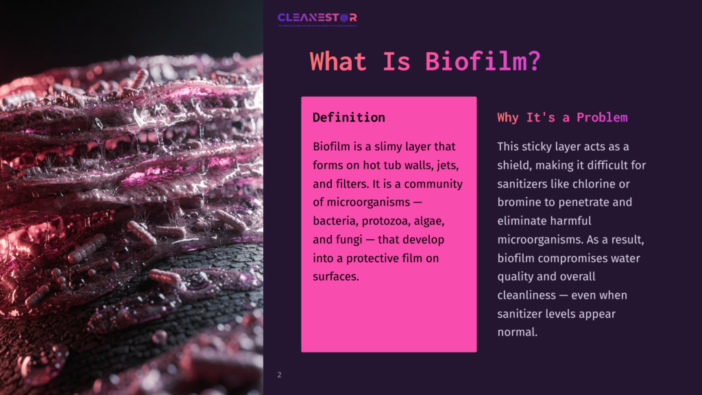 Close-Up Of A Pink, Slimy Biofilm On A Textured Surface, Showing A Dense Layer Of Microorganisms. Text Overlay: &Quot;What Is Biofilm?