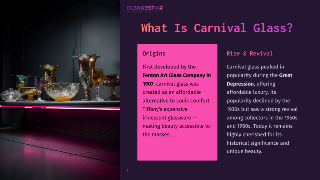 A Collection Of Iridescent Carnival Glass Pieces, Including Vases And A Large Bowl, Displayed On A Dark Shelf With Pink Neon Lighting. Text Overlay Reads &Quot;Cleanestor&Quot; And &Quot;What Is Carnival Glass?&Quot;.