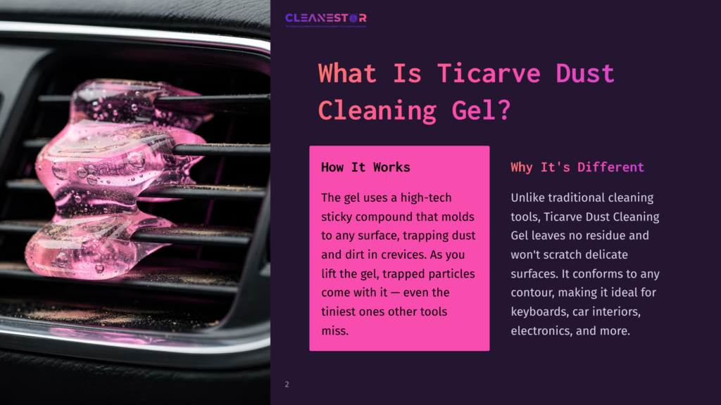 2 What Is Ticarve Dust Cleaning Gel Pink Ticarve Dust Cleaning Gel Stuck In A Car'S Air Vent, Showing Its Sticky Texture And Ability To Trap Dust And Debris.