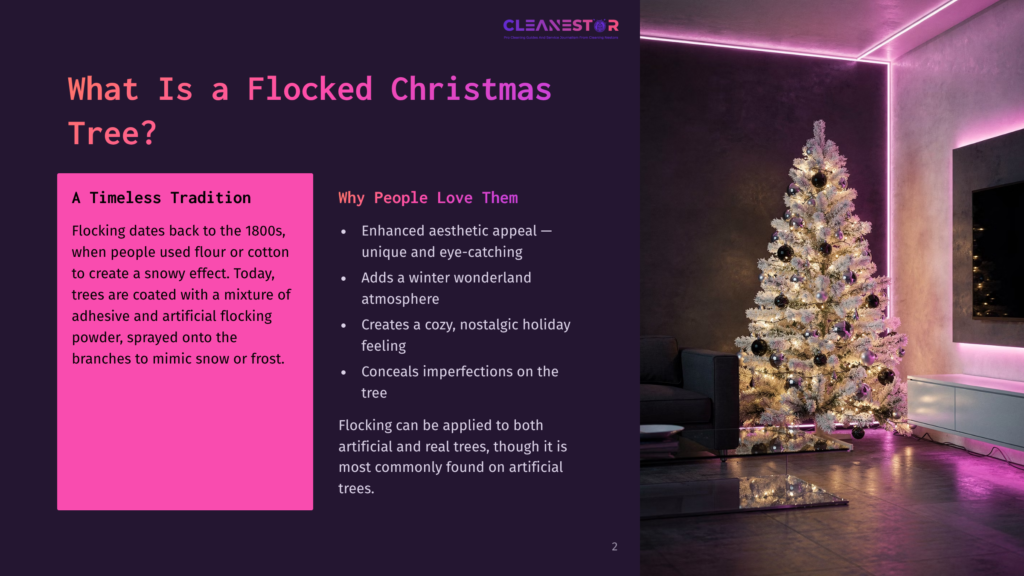 A Flocked Christmas Tree With Purple And White Ornaments Stands In A Modern Living Room With Pink Neon Lighting. Text On The Left Discusses Flocked Christmas Trees And Their Appeal.