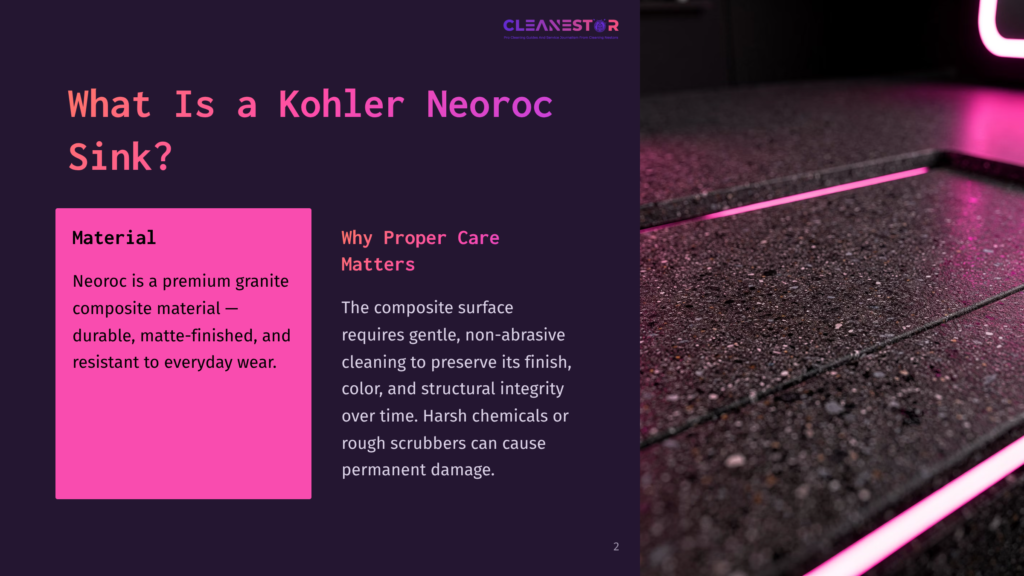 Kohler Neoroc Sink Material Explained: &Quot;What Is A Kohler Neoroc Sink?&Quot; Slide With Text Detailing Its Durable, Matte-Finished Composite Material And Why Proper Care Matters For Its Longevity.