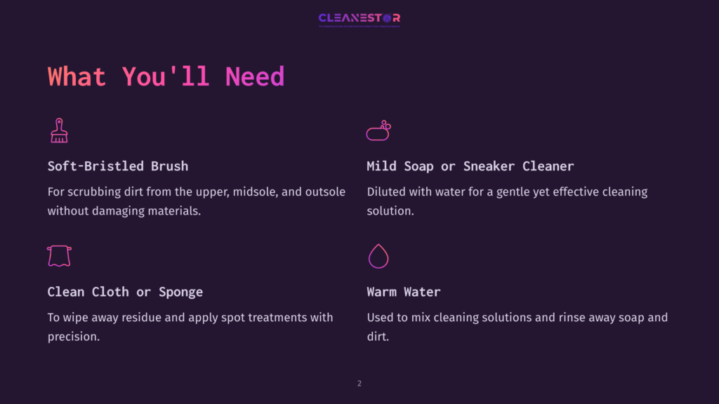 Illustration Of Cleaning Supplies For Sneakers: Soft-Bristled Brush, Mild Soap Or Sneaker Cleaner, Clean Cloth Or Sponge, And Warm Water. Text Lists &Quot;What You'Ll Need&Quot; For Shoe Cleaning.