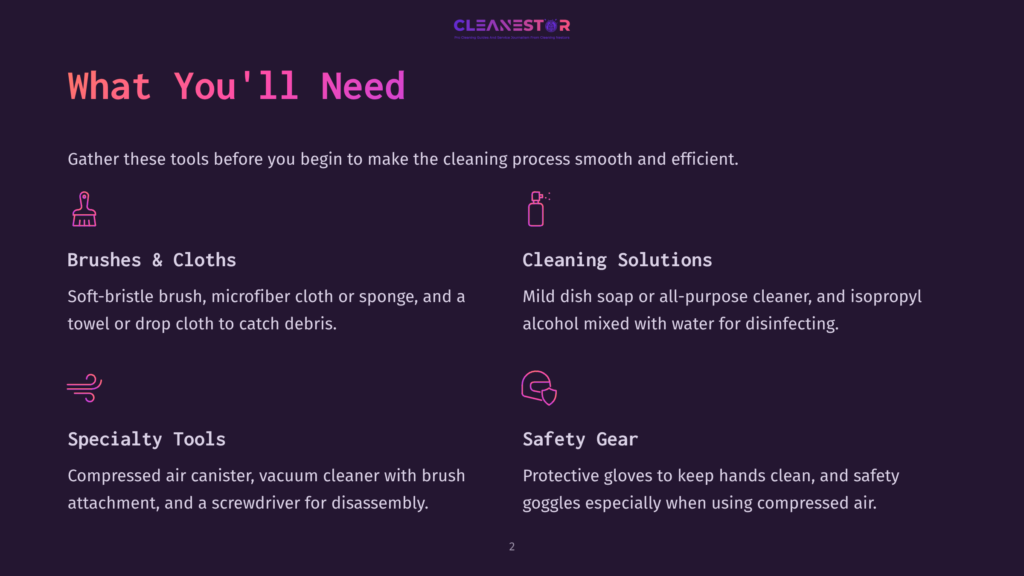 2 What Youll Need Cleanestor Logo And &Quot;What You'Ll Need&Quot; Heading. Sections List: Brushes &Amp; Cloths, Cleaning Solutions, Specialty Tools, And Safety Gear, With Icons And Descriptions Of Cleaning Supplies.