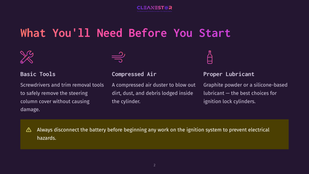 Cleanestor Logo With The Text &Quot;Pro Cleaning Service And Device Maintenance For Cleaning Solutions&Quot; Below. The Slide Lists &Quot;Basic Tools,&Quot; &Quot;Compressed Air,&Quot; And &Quot;Proper Lubricant&Quot; With Descriptions And Icons.