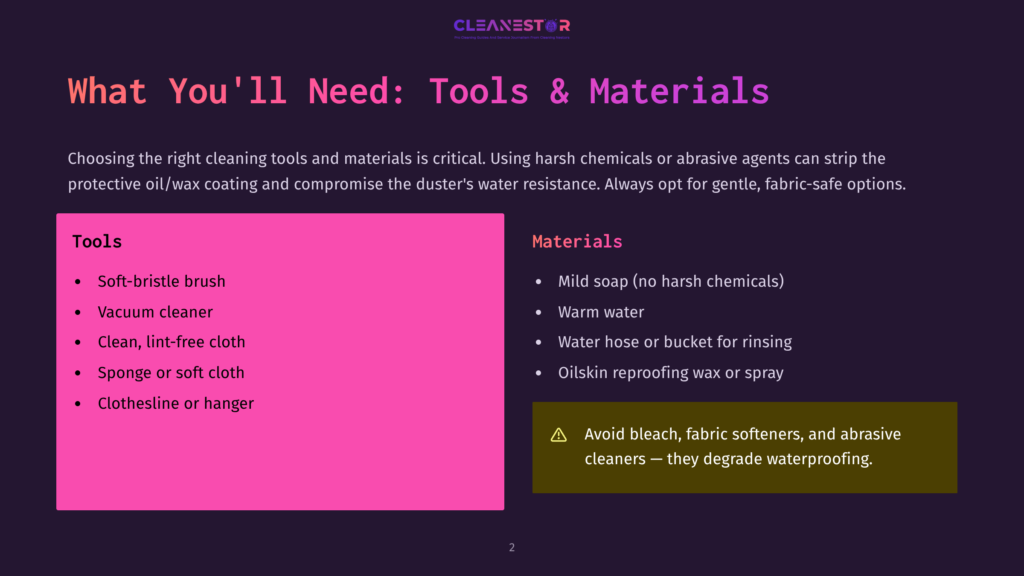 A Slide Titled &Quot;What You'Ll Need: Tools &Amp; Materials&Quot; Lists Cleaning Tools Like A Soft-Bristle Brush, Vacuum Cleaner, And Clothesline, And Materials Such As Mild Soap And Warm Water, With A Warning To Avoid Bleach And Fabric Softeners.