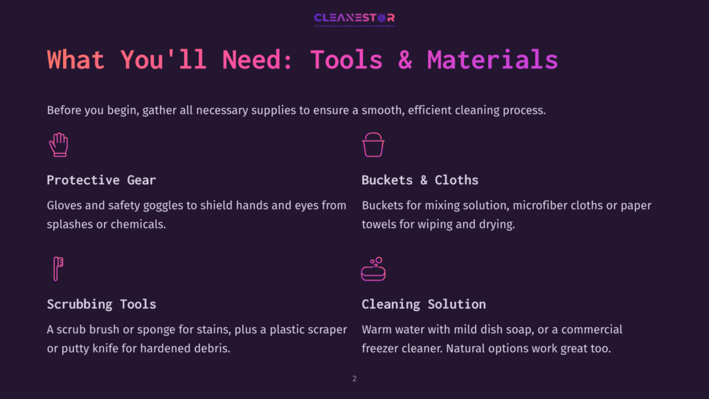 2 What Youll Need Tools And Materials Illustration Of Cleaning Supplies: Protective Gear Icon, Bucket And Cloth Icon, Scrubbing Tools Icon, And Cleaning Solution Icon. Text Reads &Quot;What You'Ll Need: Tools &Amp; Materials.