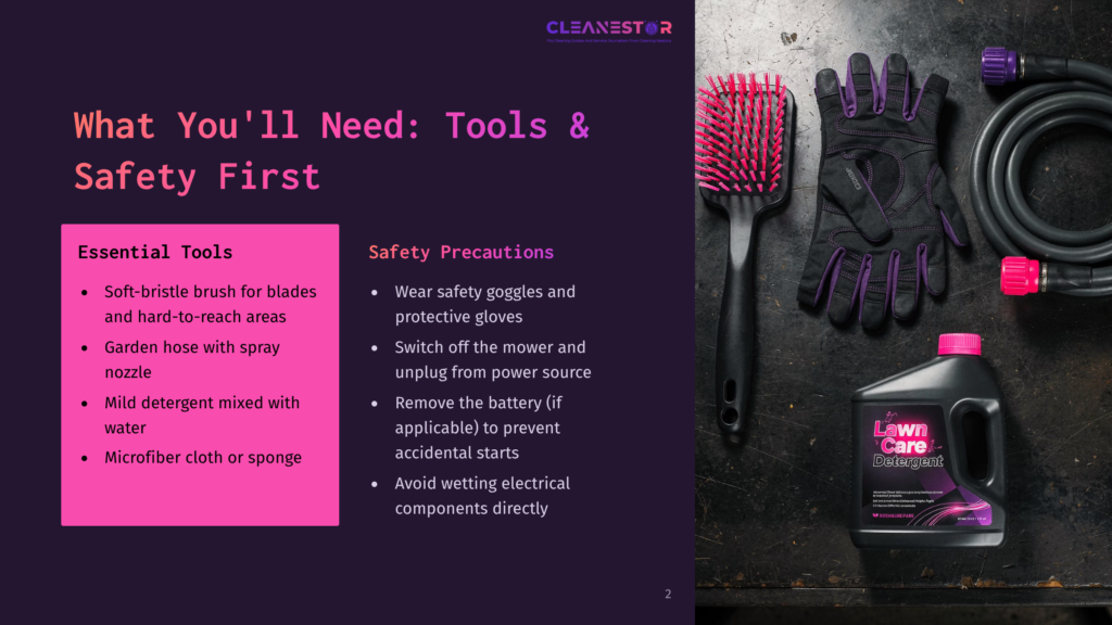 2 What Youll Need Tools And Safety First A Cleaning Kit For Outdoor Power Equipment, Featuring A Soft-Bristle Brush, Gloves, And &Quot;Lawn Care Detergent&Quot; Bottle, With Instructions For Safe Use.