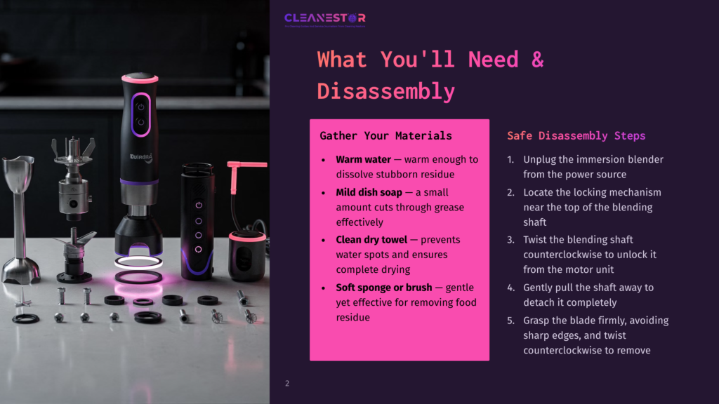 Cleanestor Immersion Blender And Its Disassembled Parts Laid Out On A Marble Countertop, With A Guide On Safe Disassembly And Cleaning Materials.