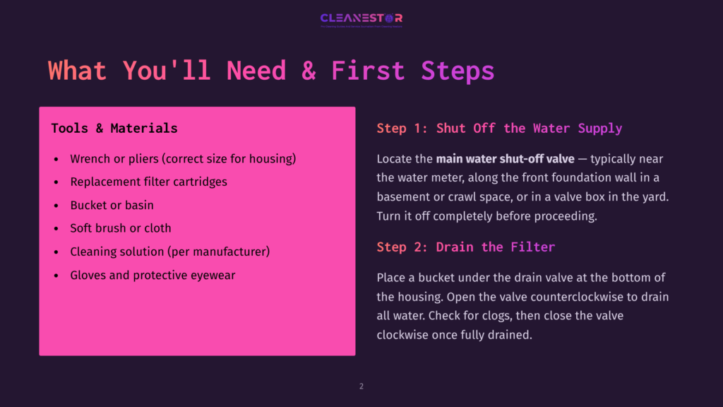 2 What Youll Need And First Steps Cleanestor Guide: Tools &Amp; Materials List Includes Wrench, Pliers, Filter Cartridges, Bucket, Basin, Soft Brush, Cloth, Cleaning Solution, And Gloves. Steps: 1. Shut Off Water Supply. 2. Drain The Filter.