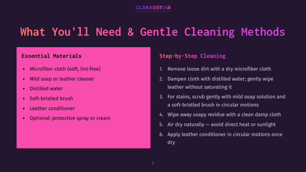 A Dark Purple Slide Titled &Quot;What You'Ll Need &Amp; Gentle Cleaning Methods&Quot; From Cleanestor, Detailing Essential Materials Like Microfiber Cloths, Mild Soap, And Distilled Water, Along With Step-By-Step Cleaning Instructions.