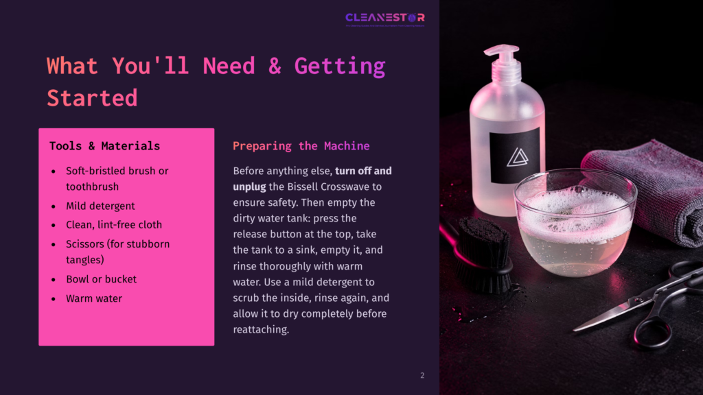 A Cleaning Kit For The Bissell Crosswave Includes A Bottle Of Mild Detergent, A Scrubbing Brush, A Bowl Of Soapy Water, Scissors, And A Grey Towel On A Dark, Reflective Surface.