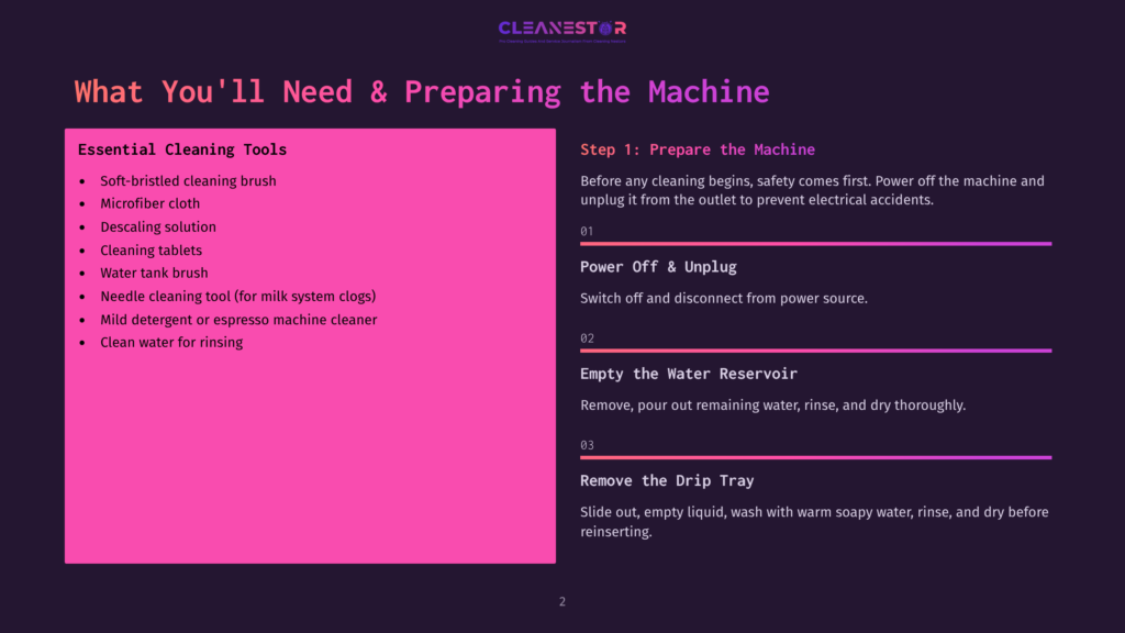 A Dark Purple Background With A Bright Pink Overlay On The Left Lists &Quot;Essential Cleaning Tools&Quot; Including A Soft-Bristled Brush, Microfiber Cloth, And Cleaning Tablets. The Right Side, Also With A Pink Overlay, Details &Quot;Step 1: Prepare The Machine&Quot; With Text About Power And The Water Reservoir.