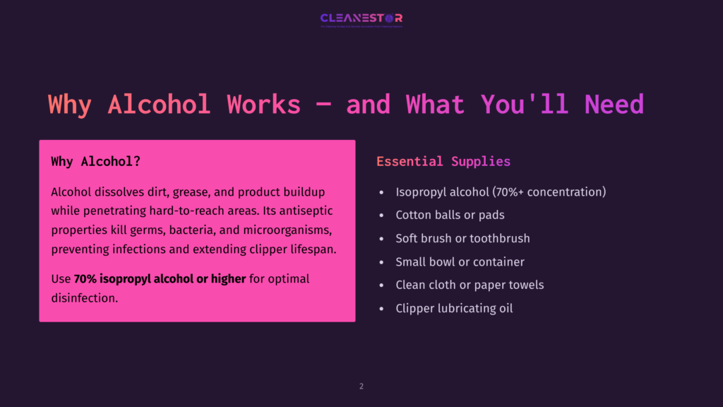 A Purple Background Displays Text Explaining Why Alcohol Works And What You'Ll Need, Including Isopropyl Alcohol And Cotton Balls.