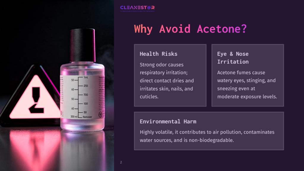 A Warning Sign With A Black Exclamation Mark In A Red Triangle Is Next To A Bottle Of Acetone Nail Polish Remover With Measurement Markings. The Text &Quot;Why Avoid Acetone?&Quot; Is Displayed Prominently.