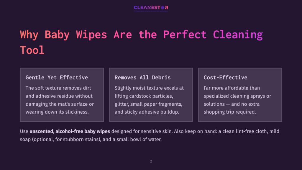 2 Why Baby Wipes Are The Perfect Cleaning Tool Infographic Detailing The Benefits Of Baby Wipes For Cleaning, Highlighting &Quot;Gentle Yet Effective,&Quot; &Quot;Removes All Debris,&Quot; And &Quot;Cost-Effective,&Quot; With Text About Using Unscented, Alcohol-Free Baby Wipes For Cleaning.